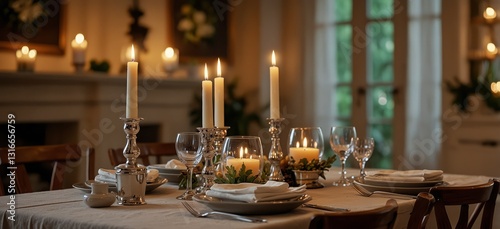 Table setting with candles in dining room