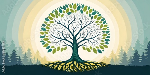 Hypnotic tree of life in mandala style for yoga studios, eco-spa branding, and mindfulness content, with copy space.