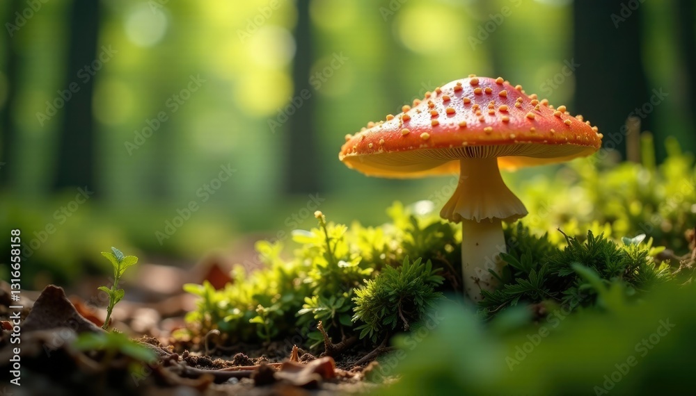 Fototapeta premium Common bonnet mushrooms growing in a sunlit forest clearing, forest clearing, mushrooms