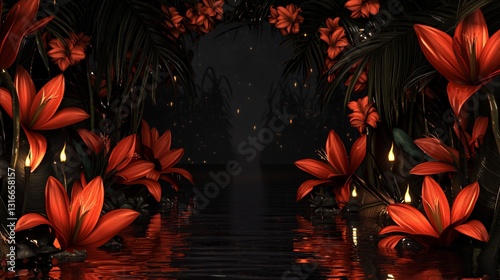 Dark Red Flowers Archway Reflecting in Still Water at Night