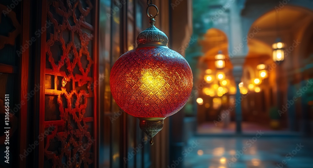 Glowing Red Lantern in an Intricately Designed Corridor Glowing Red Lantern in an Intricately Designed Corridor