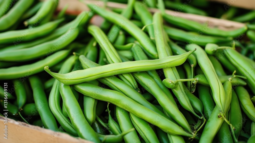 The vibrant hues of freshly harvested green beans stand out in a carefully arranged display, highlighting their crispness and farm-to-table appeal. The vibrant hues of freshly harvested green beans stand out in a carefully arranged display, highlighting their crispness and farm-to-table appeal.