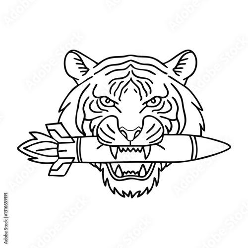 A tiger holding a missile in its mouth, eyes burning with intensity