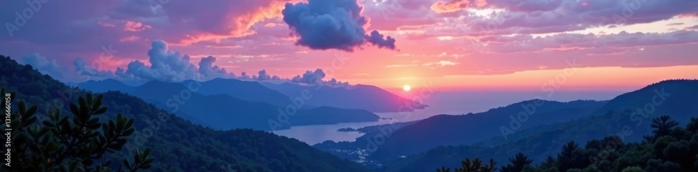 Fototapeta premium Evening sky with clouds over mountains and valley, landscape, peaceful