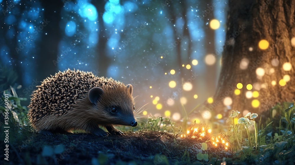 Magical Forest Scene with a Lone Hedgehog Under Starry Sky: Enchanting Nighttime Wildlife Illustration with a Solitary Hedgehog and Twinkling Stars. Magical Forest Scene with a Lone Hedgehog Under Starry Sky: Enchanting Nighttime Wildlife Illustration with a Solitary Hedgehog and Twinkling Stars.