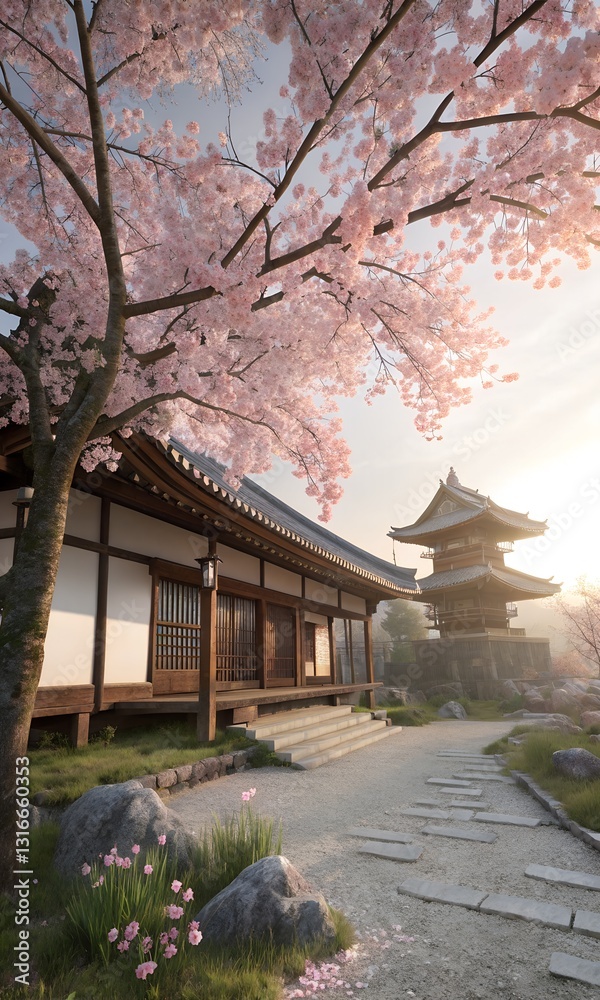 Blooming sakura against the background of a traditional Japanese house. Blooming sakura against the background of a traditional Japanese house.