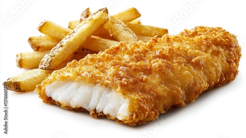 Indulge in the ultimate comfort food with this crispy fish fillet, perfectly paired with golden french fries The flaky white fish, coated in a crunchy batter, offers a delightful contrast in textures