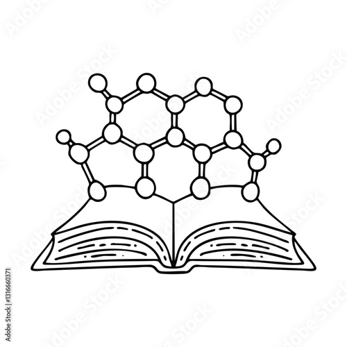 A molecular structure diagram floating in an open book