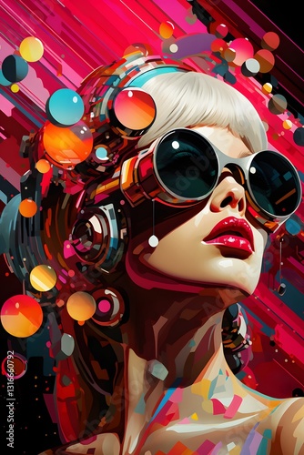 Retro wave collage, blonde woman's style poker face with sunglasses, black background