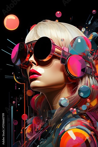 Retro wave collage, blonde woman's style poker face with sunglasses, black background