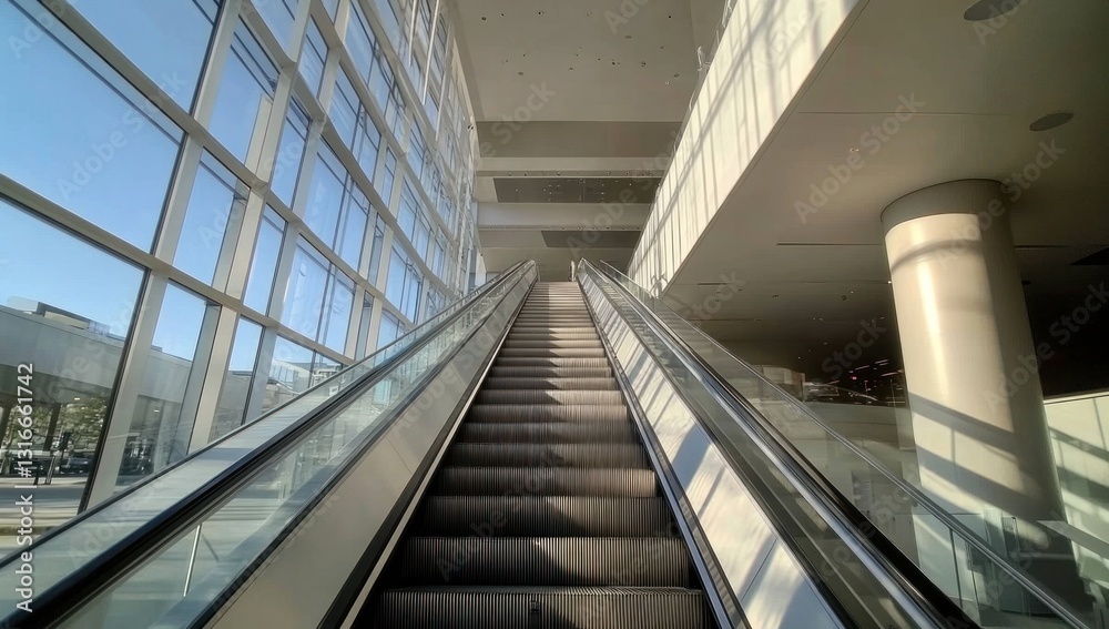 Obraz premium Modern escalator in a bright, spacious building.