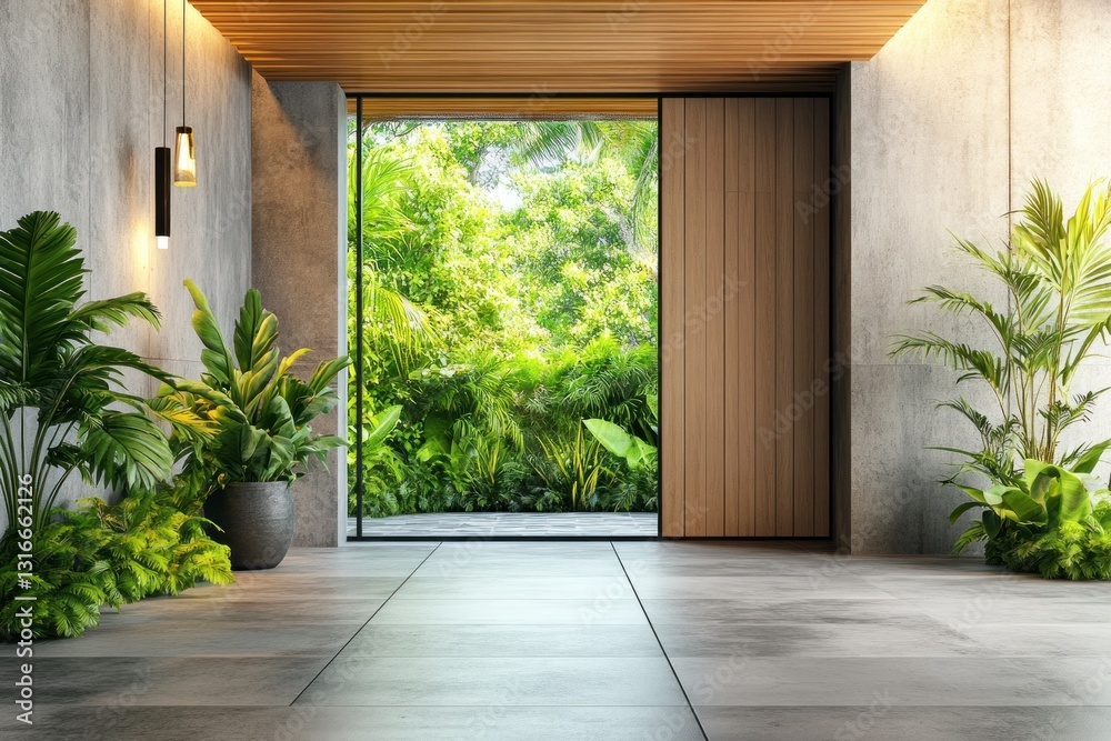 Fototapeta premium Modern entryway with lush tropical plants and glass door opening to a garden.