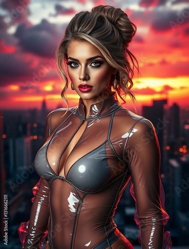 sophisticated young woman in a futuristic city, sci-fi scenery