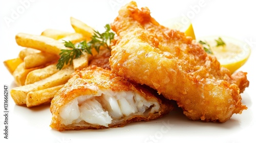 This image showcases a delectable dish featuring crispy fried fish served alongside golden French fries and a vibrant slice of lemon The combination of textures and flavors creates an appetizing