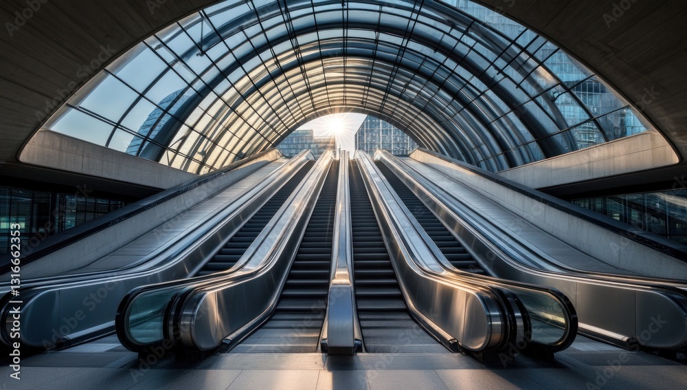 Fototapeta premium Modern escalators in a glass-roofed transit hub.