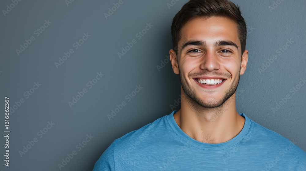 Close-Up Portrait of a Smiling Young Man in a Blue T-Shirt Against a Neutral Gray Background Close-Up Portrait of a Smiling Young Man in a Blue T-Shirt Against a Neutral Gray Background