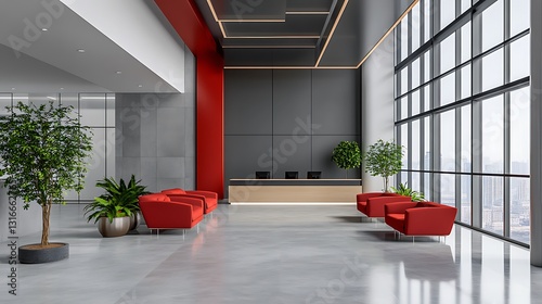 Modern Office Lobby: A 3D Render of a Sleek Reception Area with Red Accents AI Generated