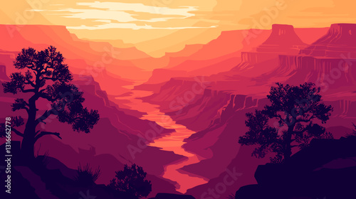 Grand Canyon at sunset with silhouette trees and river in warm orange tones