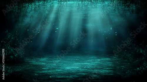 Dark Underwater Scene with Teal and Green Light Rays