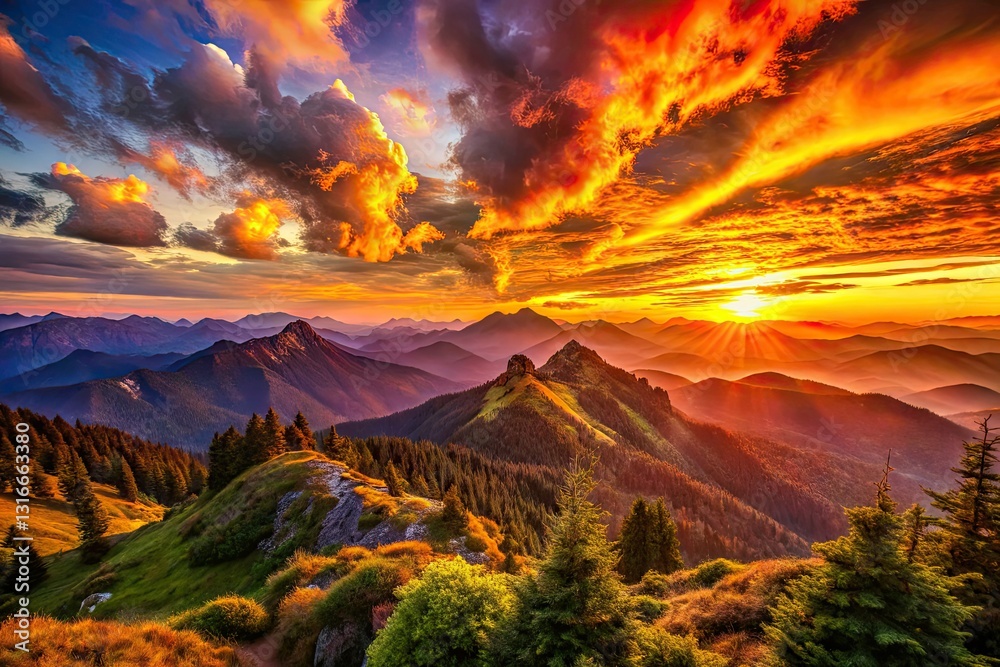 Fototapeta premium Epic panoramic sunset: golden hour paints a dramatic sky over serene mountains. High-resolution nature photography.