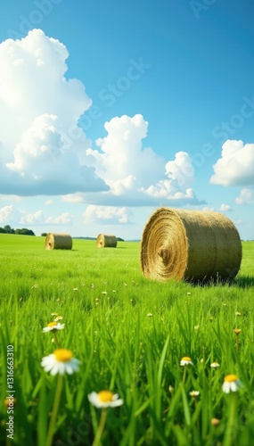 Hay bales in a lush green meadow with wildflowers, grassy field, farm land