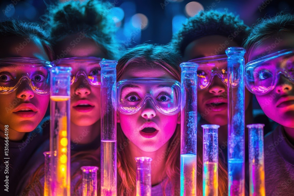 Obraz premium A group of students conducting a chemistry experiment with colorful reactions, amazement
