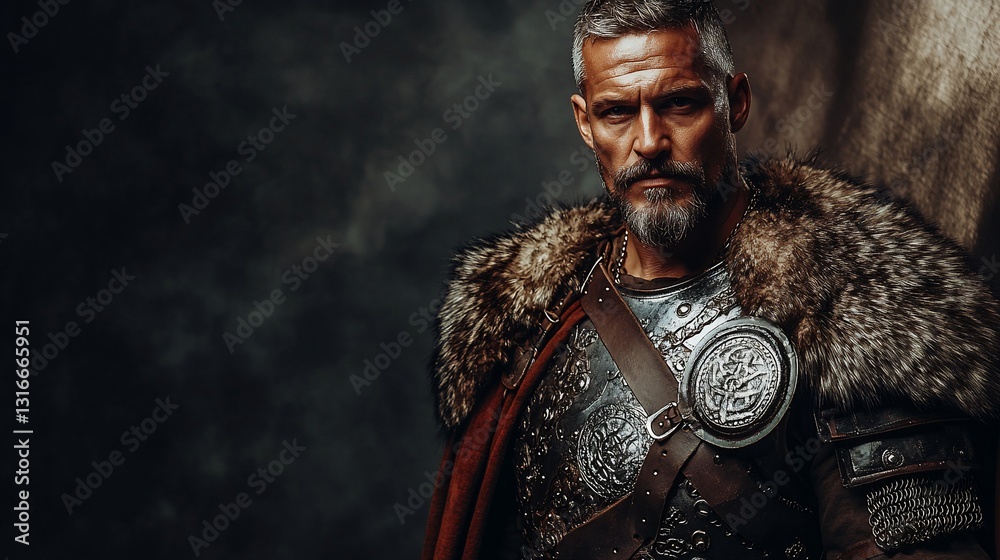 Obraz premium Warrior stands armored against a dark, textured backdrop with fur accessory