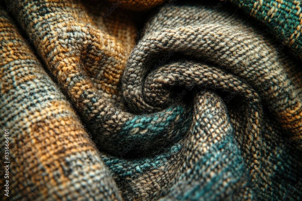 Close-up of a soft, textured fabric in swirling shades of teal, brown, and beige. Close-up of a soft, textured fabric in swirling shades of teal, brown, and beige.