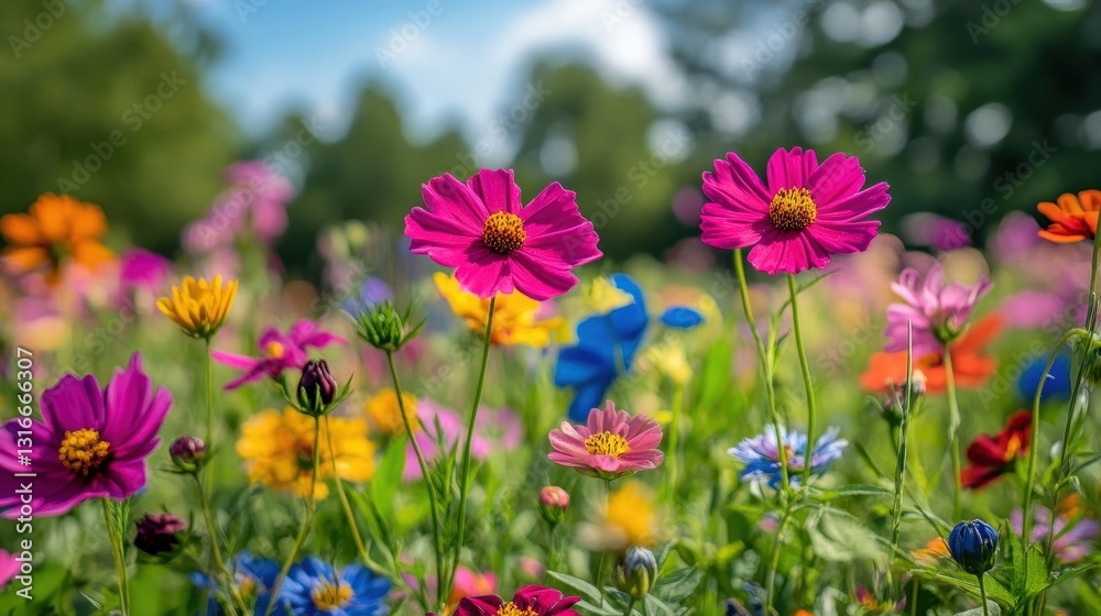 A vibrant meadow bursts with colorful blooms—pink, purple, yellow, orange, and blue petals dancing against a serene backdrop, capturing the essence of nature's vivid palette A vibrant meadow bursts with colorful blooms—pink, purple, yellow, orange, and blue petals dancing against a serene backdrop, capturing the essence of nature's vivid palette