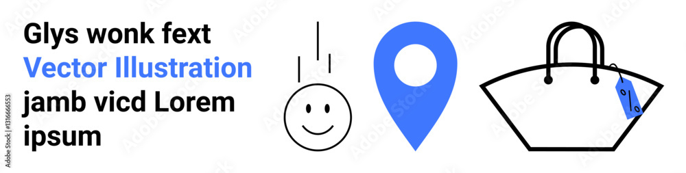 Smiling face, blue location marker, and handbag with tag illustrate joy, travel, shopping, and navigation. Ideal for retail, e-commerce, travel apps marketing navigation tools social media flat Smiling face, blue location marker, and handbag with tag illustrate joy, travel, shopping, and navigation. Ideal for retail, e-commerce, travel apps marketing navigation tools social media flat