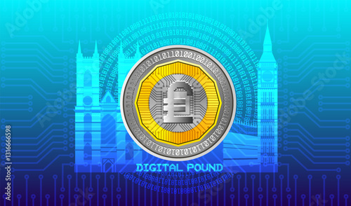 Vector financial economic poster. Digital pound of Great Britain. Computer and banking technologies. Bright glowing sights of England. Electronic money of United kingdom. Abbey and big ben