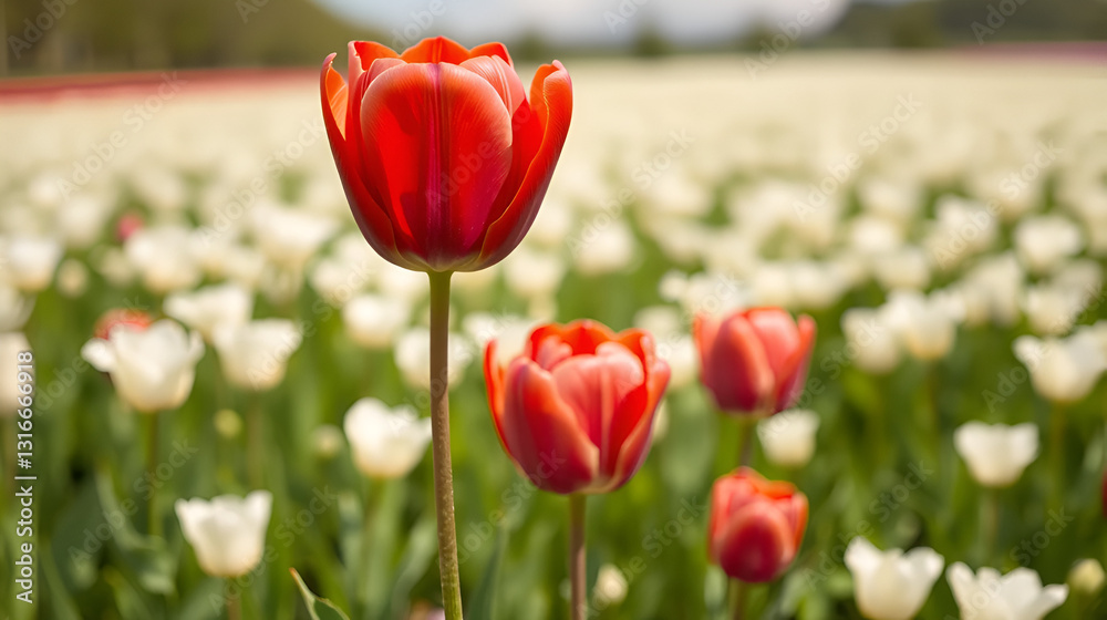 Obraz premium Dissimilar red tulip flower head over white flowes field
