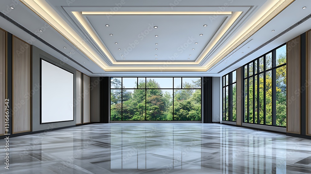 Fototapeta premium Modern Ballroom Interior Design: 3D Render of Luxurious Event Space with Garden View AI Generated