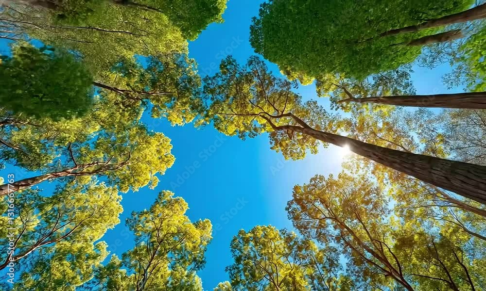 Lush forest canopy meeting a vibrant blue sky. Sunlight filters through the green foliage