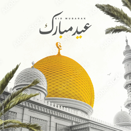 Eid mubarak typography in arabic calligraphic style on a Islamic arab vintage style mosque background