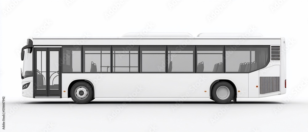 White city bus, side view, parked on white background, transportation concept White city bus, side view, parked on white background, transportation concept