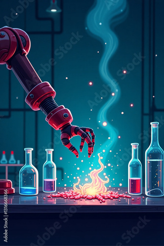 Futuristic science lab robotic arm conducting experiments on mysterious organic specimen advanced technology research facility pharmaceutical innovation, healthcare discoveries