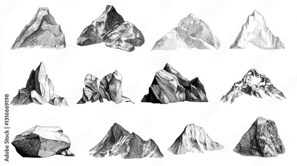 Naklejka premium Hand drawn pencil sketches illustrating varying mountain and rock formations