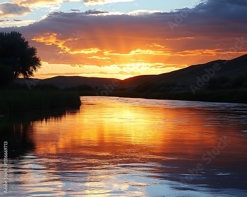 Vibrant sunset over calm river reflecting colorful sky.
