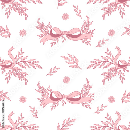 Vintage Coquette Seamless Pattern Ribbon Bow with Plants. Romantic Pink Girly Vibe