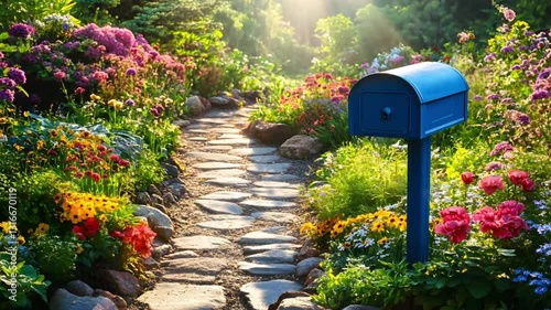 Colorful garden path with blue mailbox, sunny morning