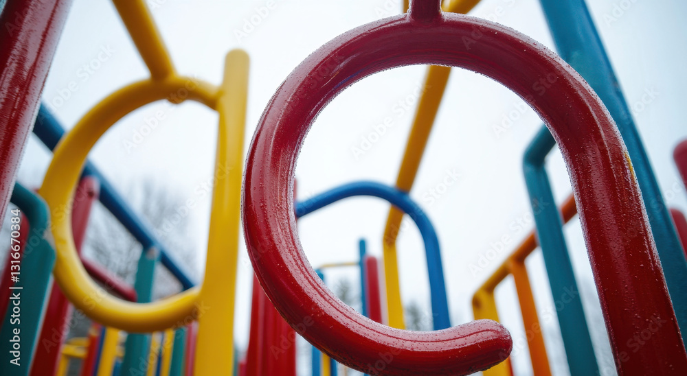 Brightly colored metal monkey bars stand tall at the playground, inviting children to climb and explore on an overcast day Brightly colored metal monkey bars stand tall at the playground, inviting children to climb and explore on an overcast day