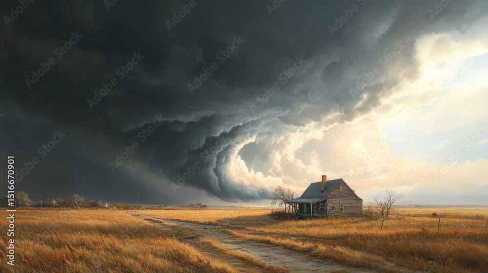 Fototapeta premium an old house standing in a field with a storm brewing overhead.