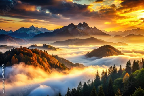 Misty mountain peaks pierce a dramatic cloud sea, a breathtaking high-altitude panorama.