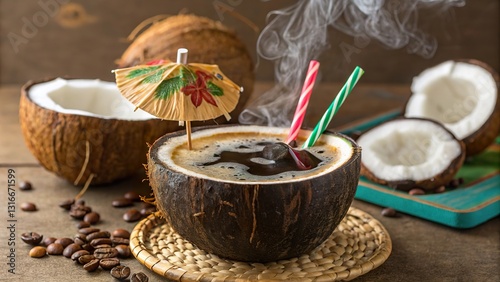 Coconut infused coffee served in a coconut shell with colorful straws and tropical decoration on a rustic wooden table photo