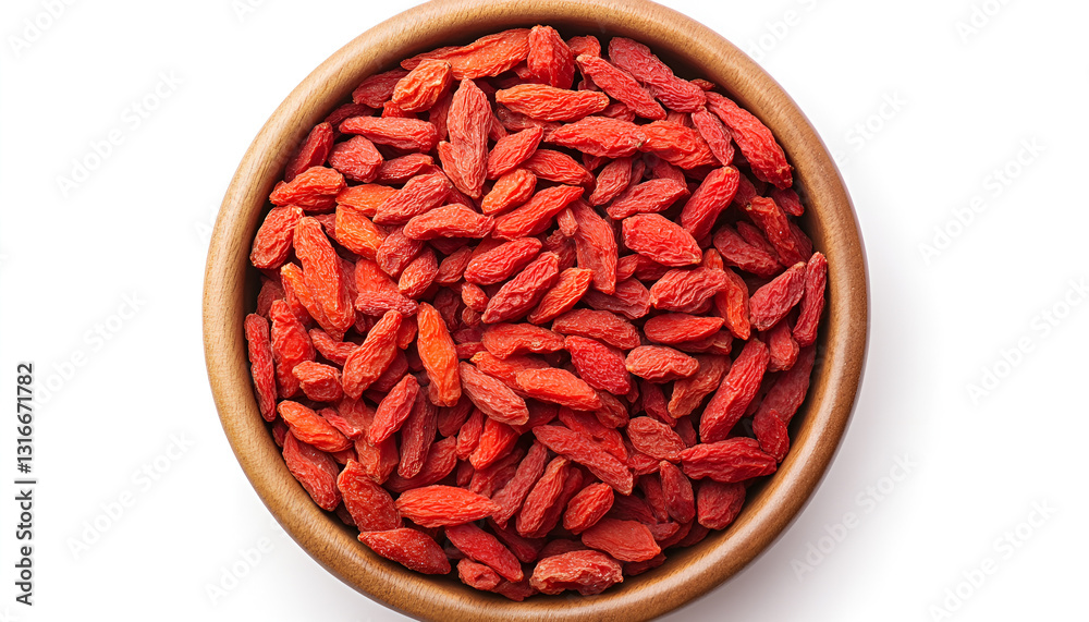 Dried goji berries in bowl isolated on white, top view Dried goji berries in bowl isolated on white, top view