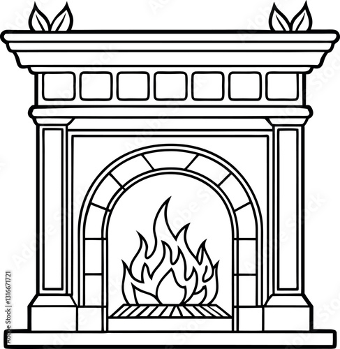 Fireplace vector silhouette line art Generative Ai