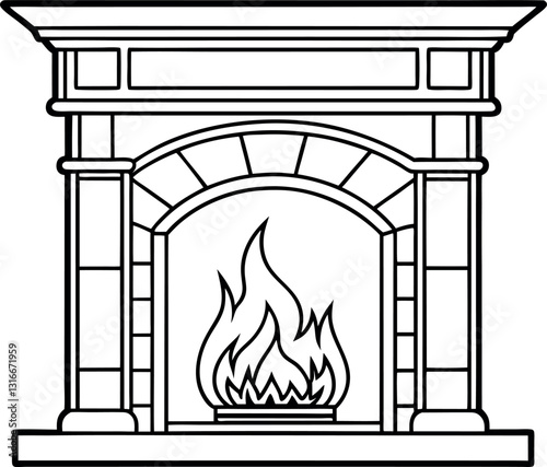 Fireplace vector silhouette line art Generative Ai