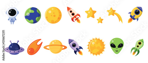 Set of space icons isolated on white background. Collection of design elements: astronaut, planets, stars, alien, rocket, sun, comet, Earth, UFO, moon.Cartoon style. Flat design. Vector illustration. 