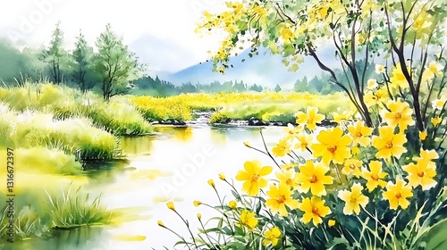 Fototapeta Naklejka Na Ścianę i Meble -  Serene Landscape Watercolor Painting Peaceful River Scene with Yellow Wildflowers and Trees in Green Field Mountain Background Artistic Nature Scenery